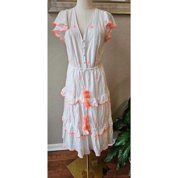 J.Crew Embroidered Flutter Sleeve Voile Tiered Midi Dress w/ Pompom Women Size 6 - Picture 2 of 9